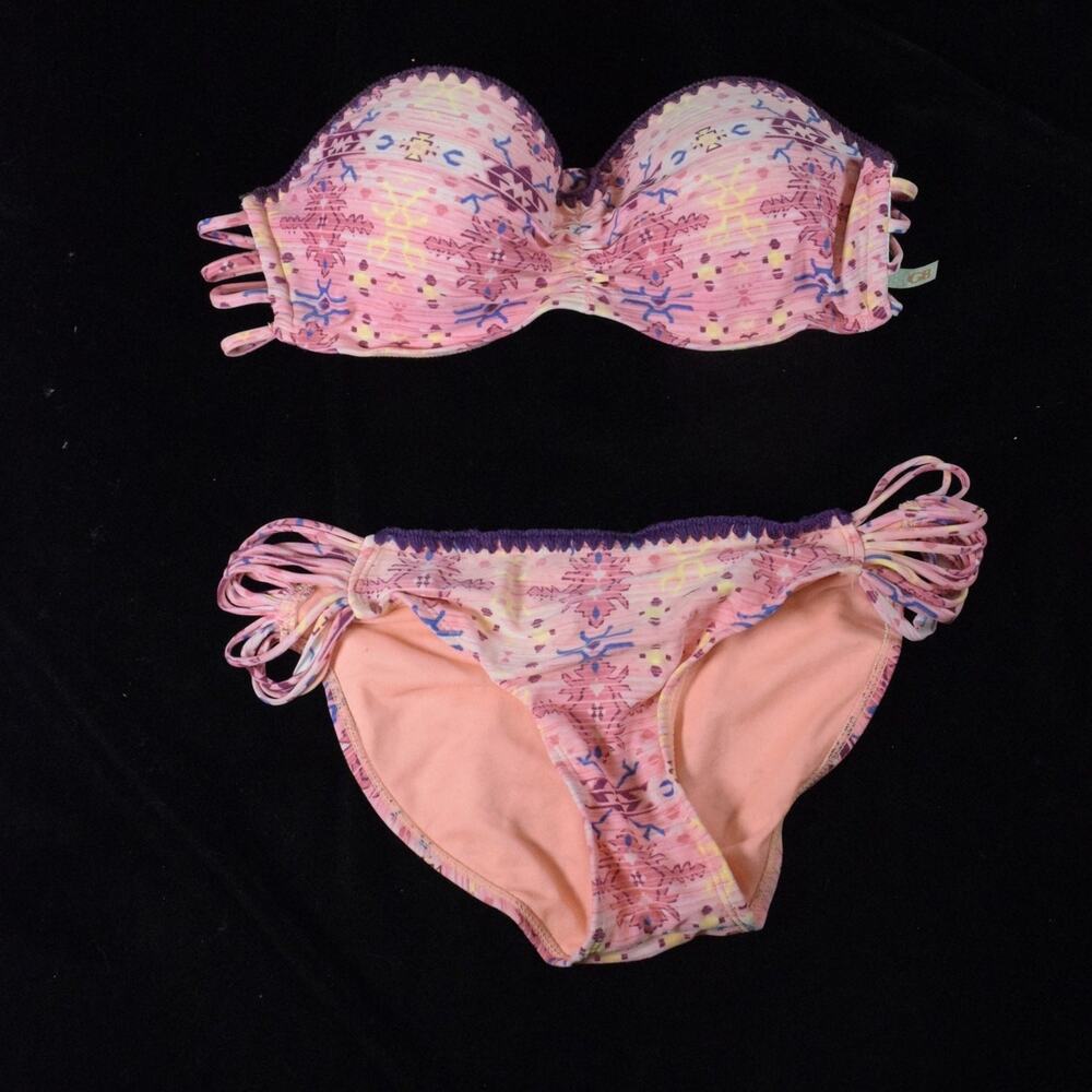 GB Pink Aztec Print Bandeau Bikini Swimsuit Side Skimpy Straps Crochet Edge Sz M